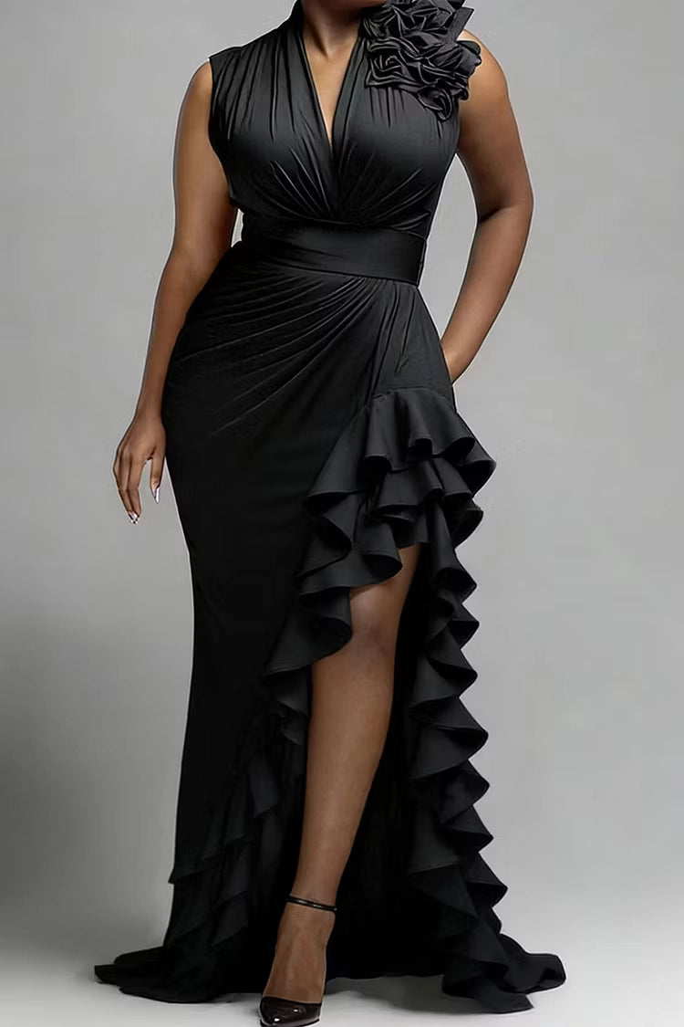 Roselledress Black Mermaid Sleeveless Deep V 3D Flower Ruffle Slit Plus Size Prom Dress