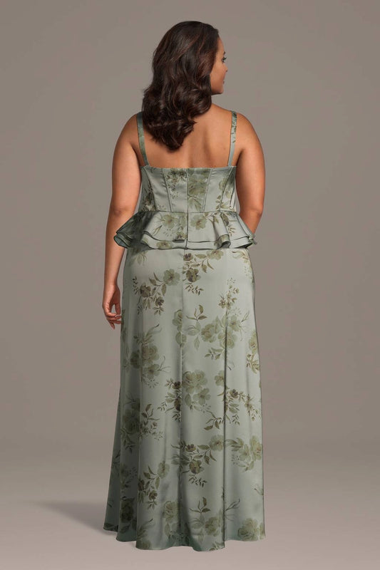 Sage green floral plus size long dress back view, square neck, center back zipper, corset boned bodice and peplum waist
