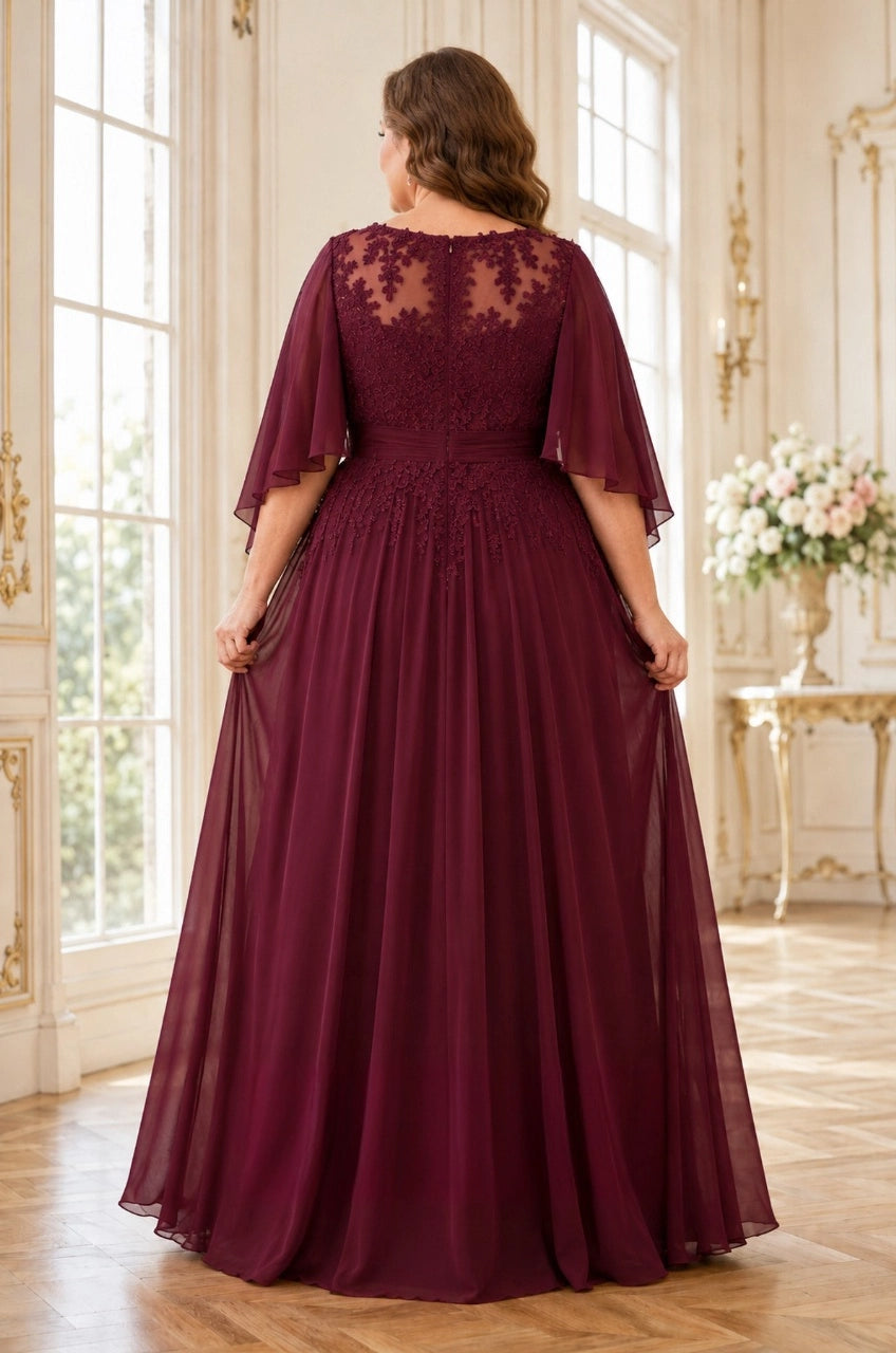Burgundy plus size chiffon mother of bride dress back view, sheer illusion lace yoke with center back zipper and flutter sleeves