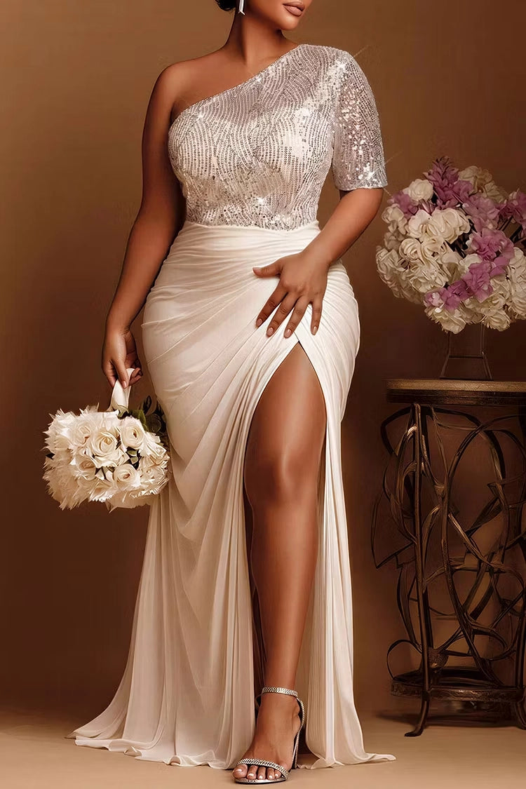 Roselledress Elegant Mermaid One Shoulder Back Zipper Sequin Chiffon Plus Size Prom Dress