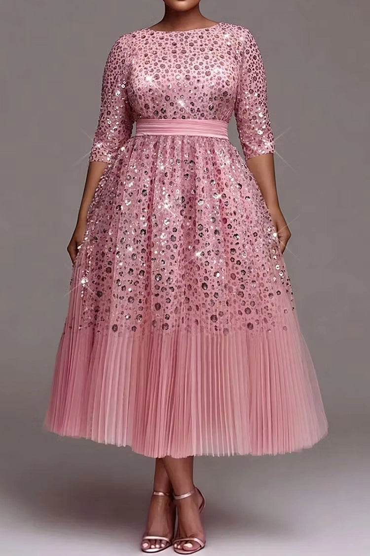 Roselledress Chic A-Line Boat Neck Back Zipper Sequin Tulle Plus Size Prom Dress
