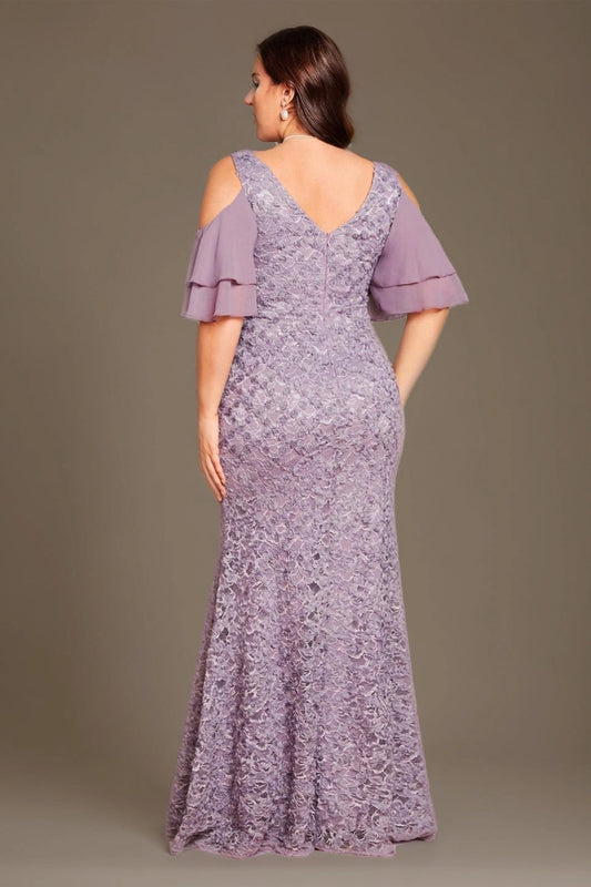 roselledress curvy purple lace evening dress v zip back double ruffle cold shoulder wedding mother maxi dress