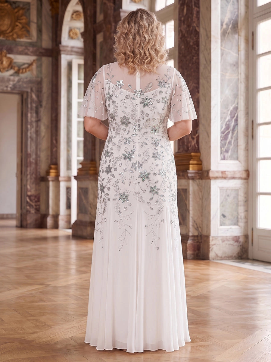 Roselledress chiffon plus size formal dress back view, sheer illusion back keyhole closure floral sequin mother wedding guest gown