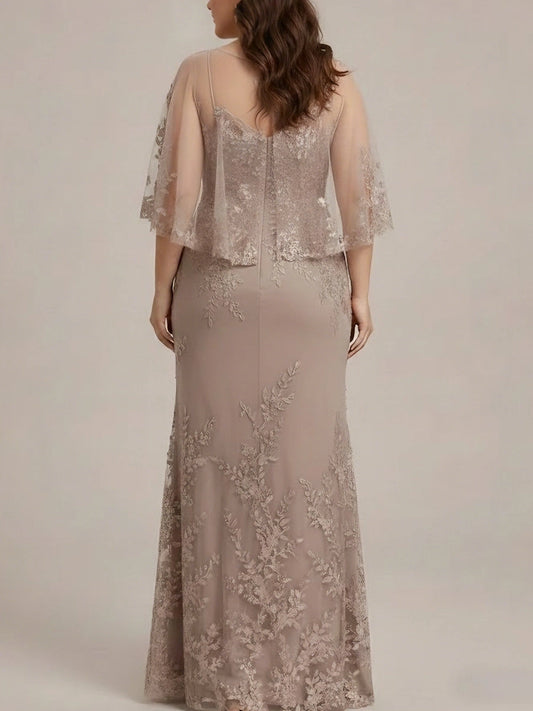RoselleDress dusty beige floral lace mermaid formal gown zipper back plus size mother gown back shot