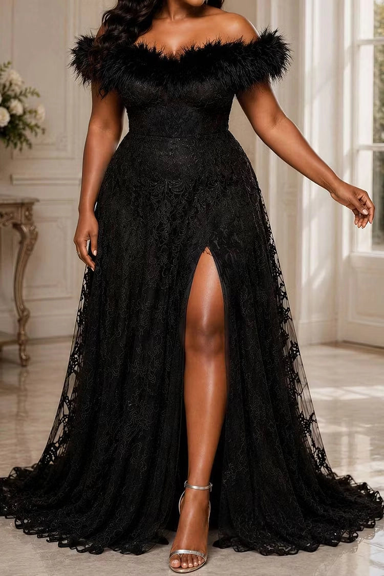 Roselledress Black A-Line Off Shoulder Feather Trim Lace High Slit Plus Size Prom Dress