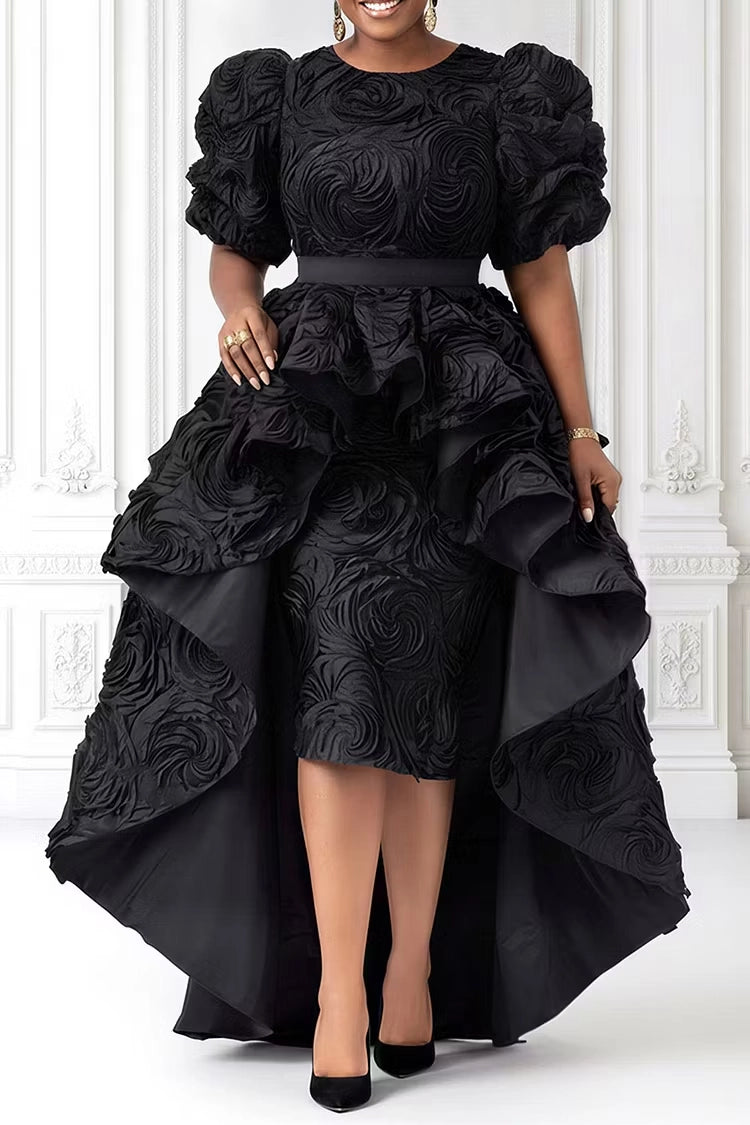 Roselledress Majestic High Low Round Neck Puff Sleeve Back Zipper 3D Floral Plus Size Prom Dress