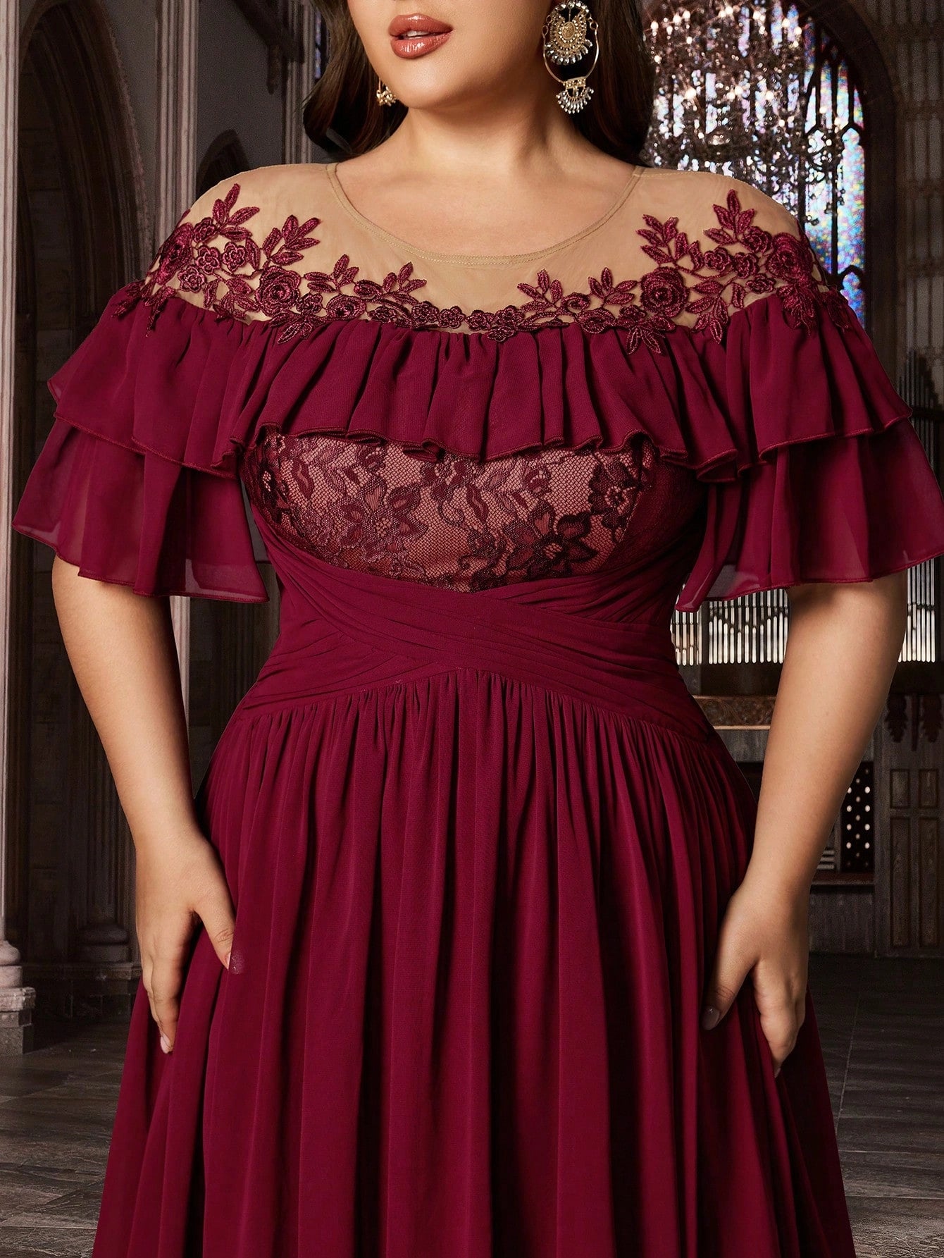Burgundy Plus Size A‑Line Off‑Shoulder Ruffle‑Short‑Sleeve Illusion‑Back Floor‑Length Prom Dress