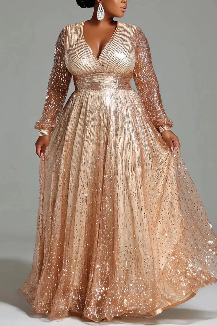 Glamorous A‑Line V‑Neck Long‑Sleeve Zipper‑Back Floor‑Length Plus Size Prom Dress
