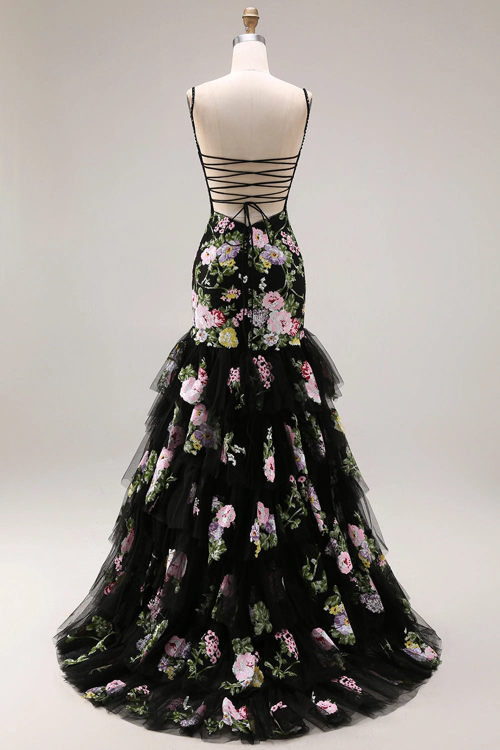 Black Plus‑Size Mermaid Square‑Neck Sleeveless Lace‑Up‑Back Sweep‑Train Prom Dress