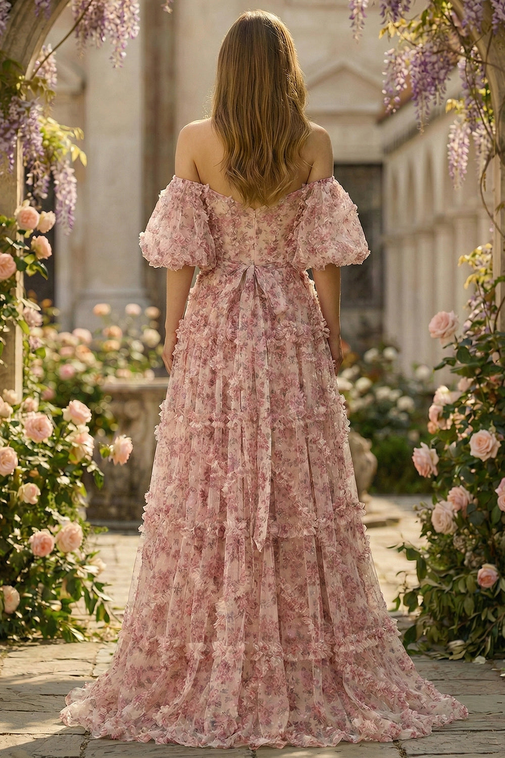 Dusty‑Pink Plus‑Size A‑Line Off‑Shoulder Puff‑Sleeve Zipper‑Back Floor‑Length Prom Dress