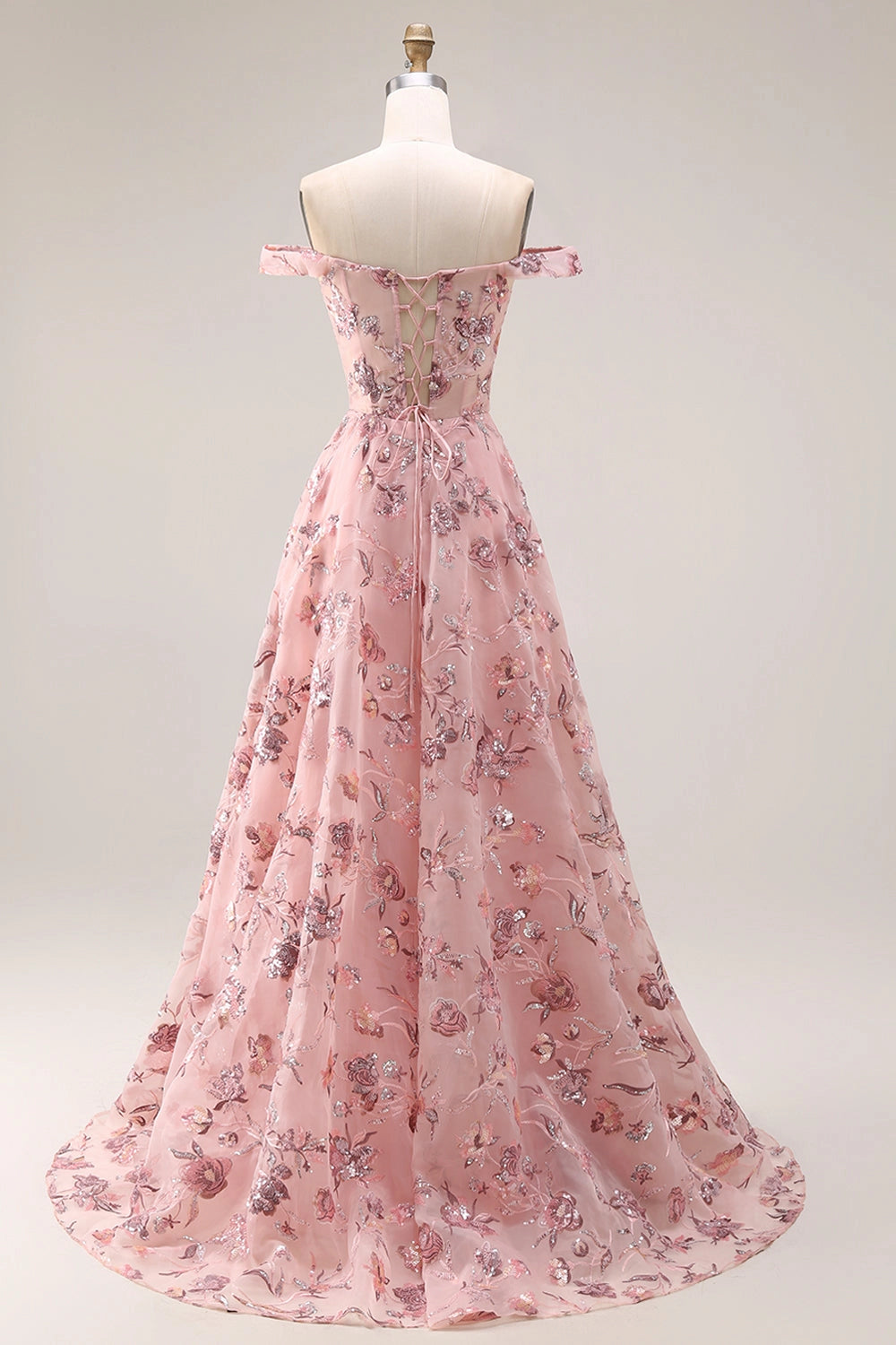 Romantic Plus Size Floral A-Line Off-Shoulder Short Sleeve Lace-Up Back Long Wedding Guest Dress