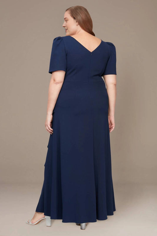 Navy blue plus size mother of the bride dress with V-back and puff sleeves