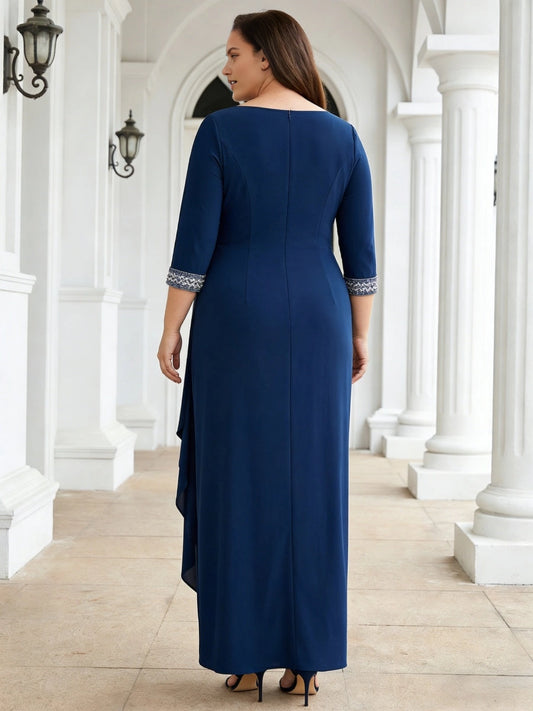 Model wearing roselledress navy stretch crepe formal dress invisible zip back beaded cuff 3/4 sleeve rear view