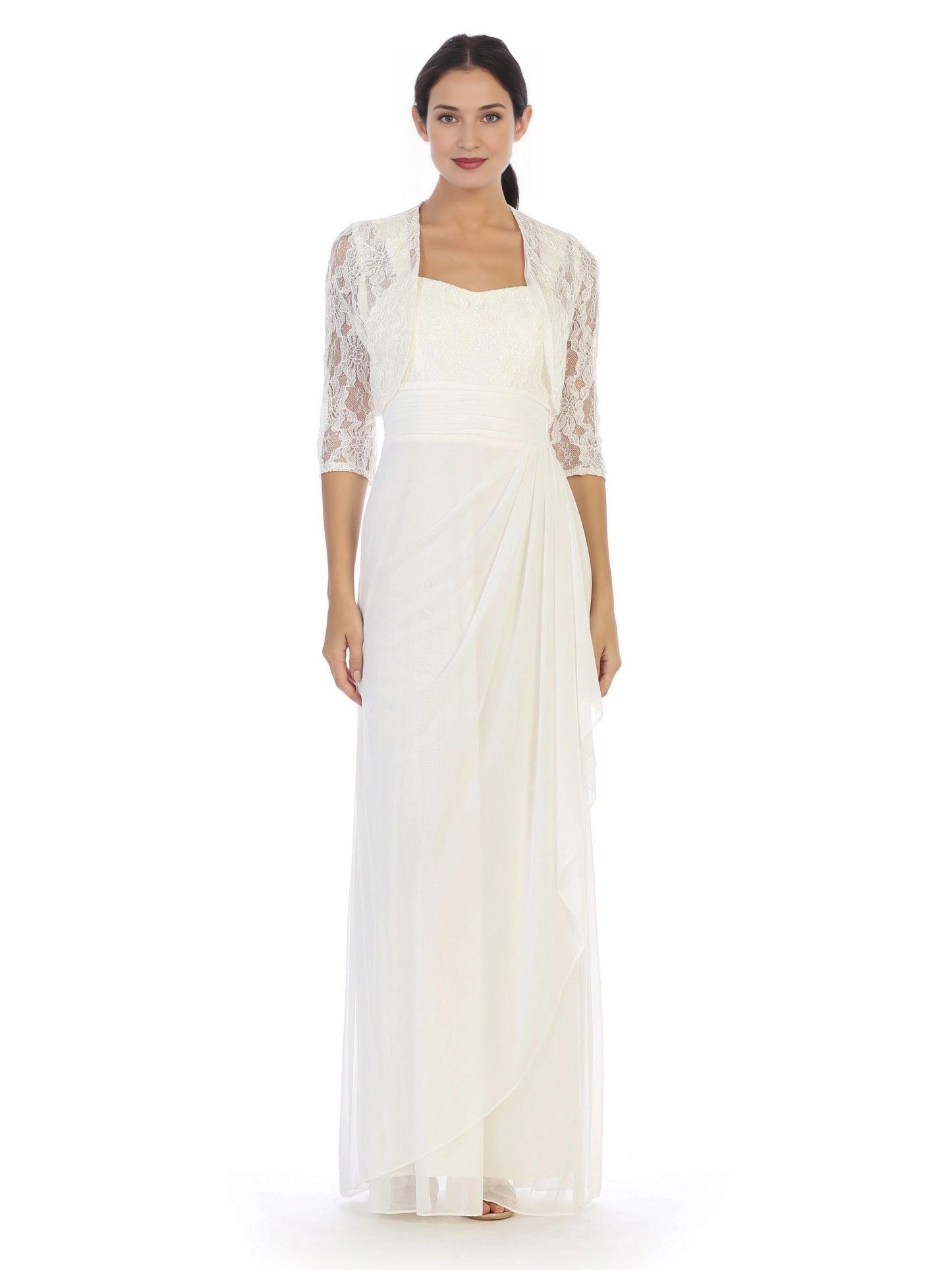 roselledress ivory two piece mother of the bride dresses front view square neck chiffon maxi gown with three quarter sleeve lace shrug floor length