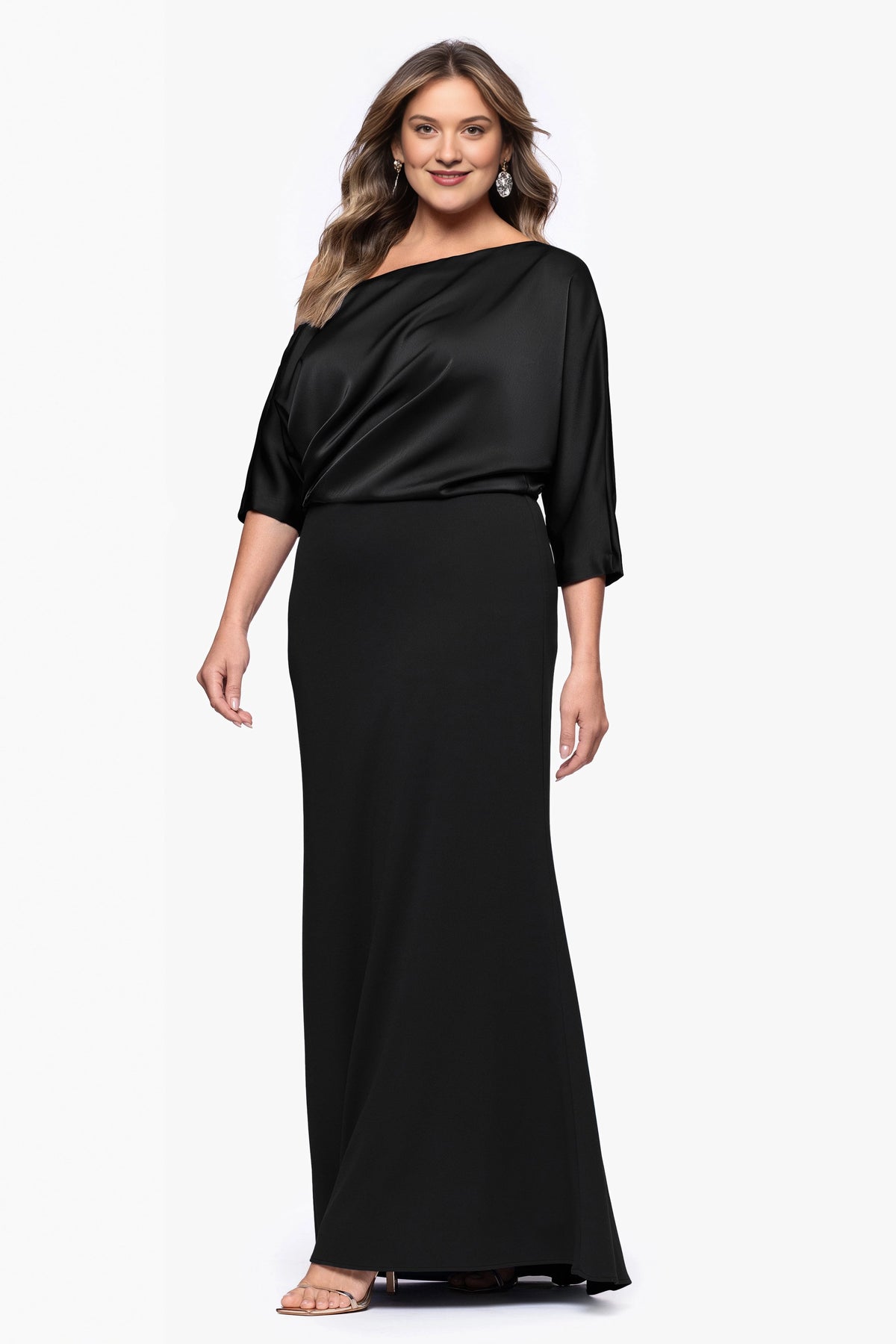 Plus Size Elegant Sheath Asymmetric Neck Draped Sleeve Maxi Mother of the Bride Dress
