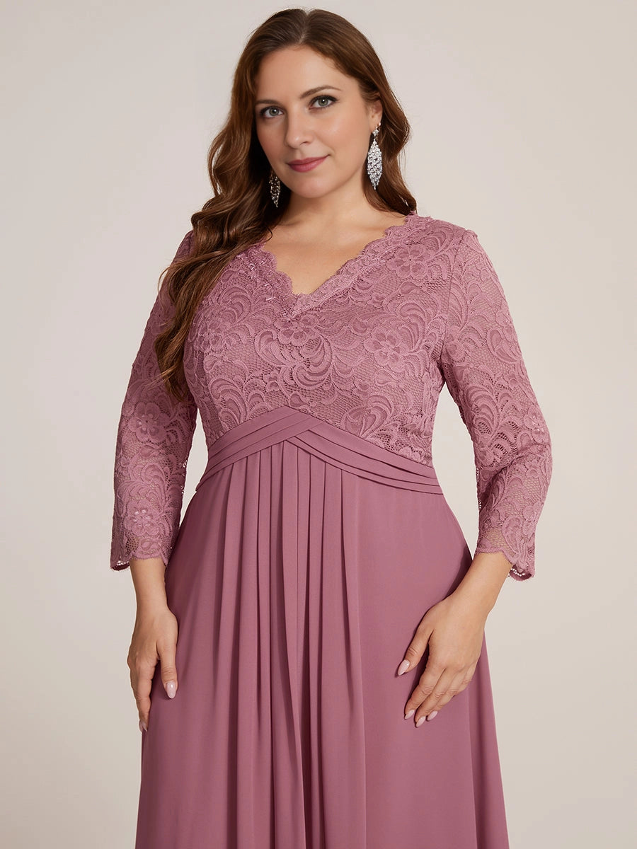 Elegant Plus Size A-Line V-Neck Three-Quarter-Sleeve Lace-Back Midi Mother of Bride Dress