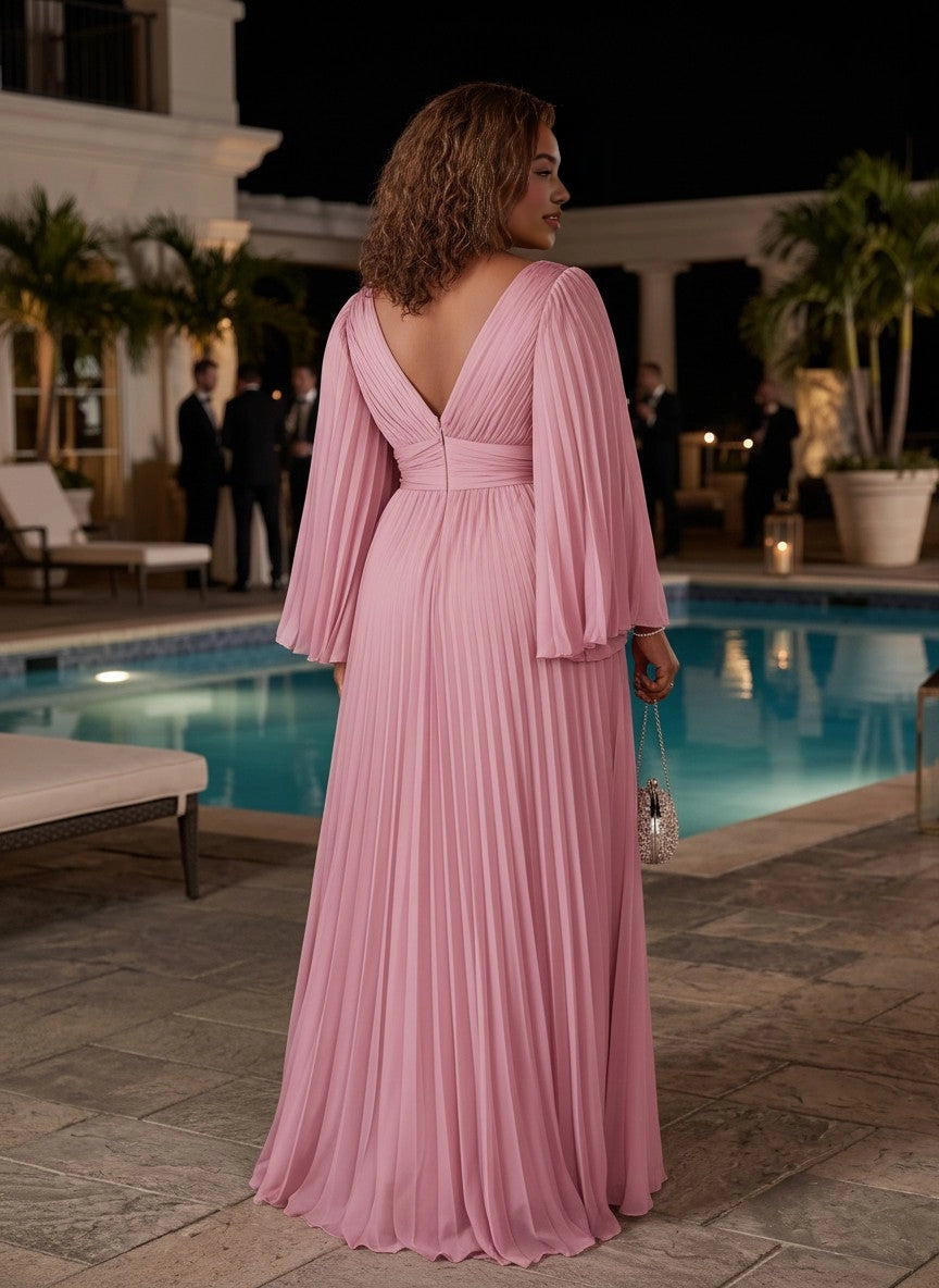 Roselledress mauve chiffon evening gown back view, deep v-back zipper closure pleated plus size mother of bride maxi dress