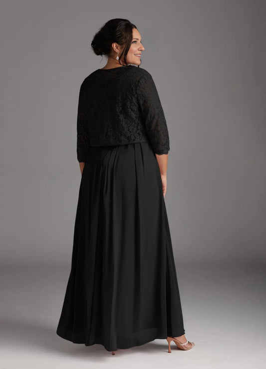 Black mother of the bride dress with lace-covered scoop back and maxi skirt