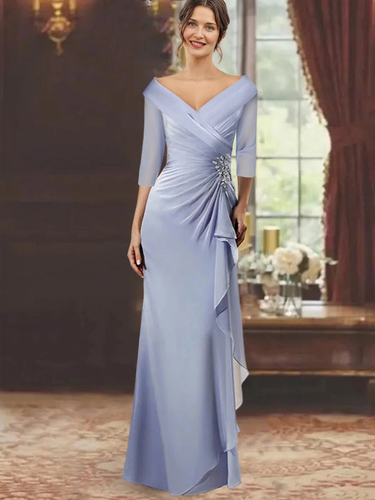 roselledress plum purple satin mermaid mother of the bride dresses front view off shoulder wrap neck three quarter mesh sleeve side ruched beaded ruffle floor length evening gown