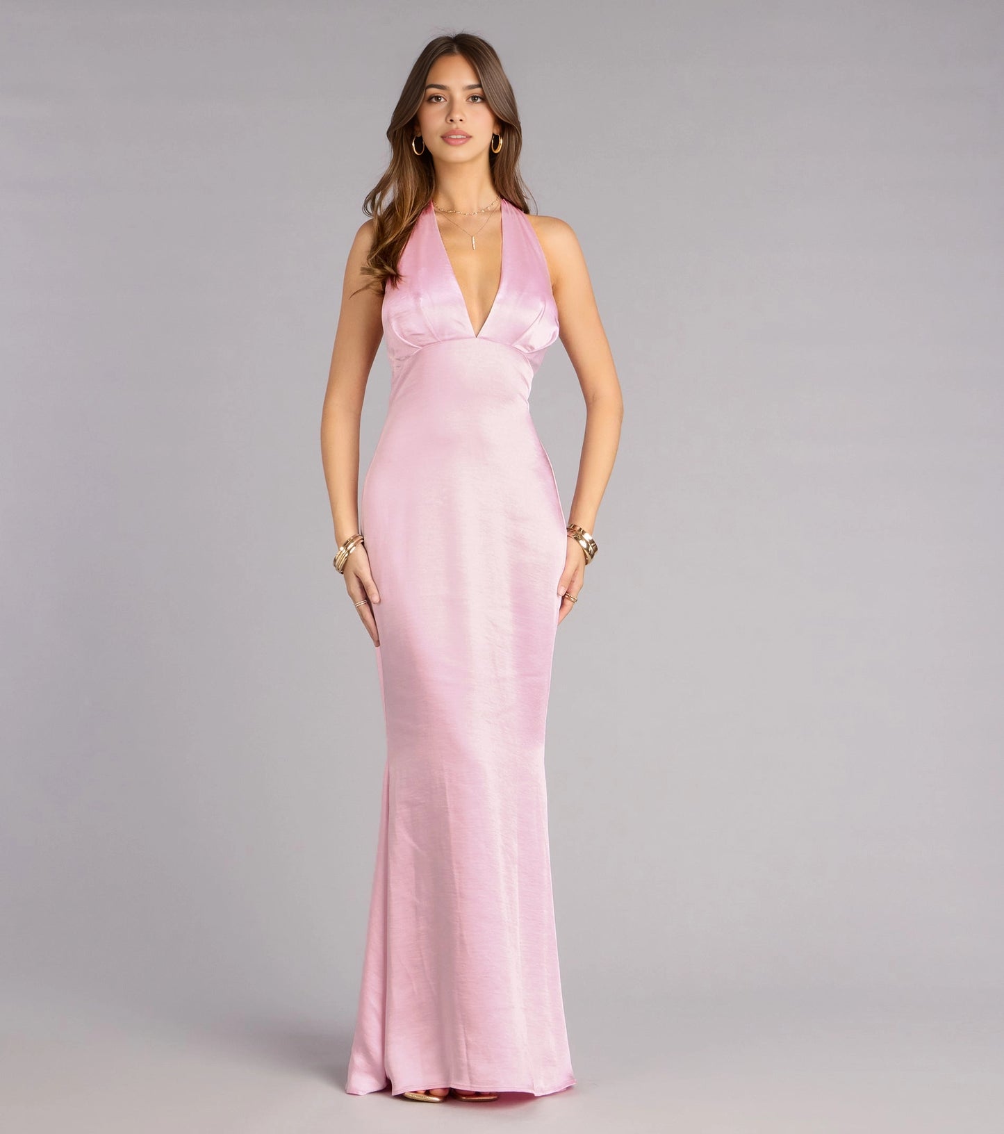 Roselledress Glossy Plus size Fitted Mermaid Halter Deep V Open Back Floor Prom Dress