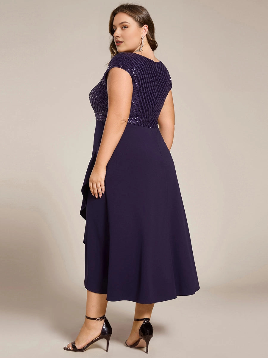 Plus Size Sequin Bodice V-Neck Cap Sleeve Asymmetrical Mother of Bride Dress