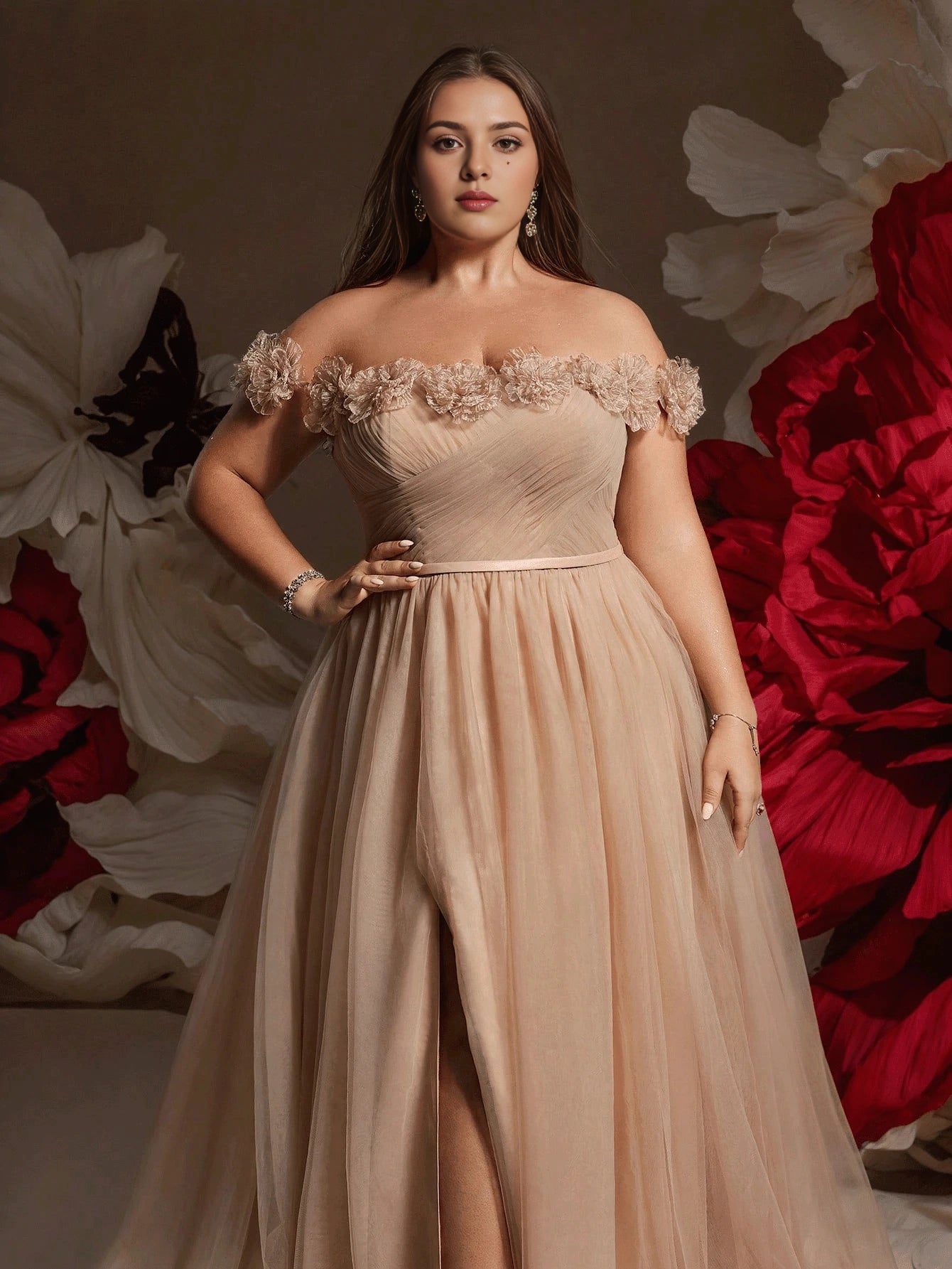 Nude Plus Size A‑Line Off‑The‑Shoulder Floral‑Sleeve Lace‑Up‑Back Floor‑Length Prom Dress