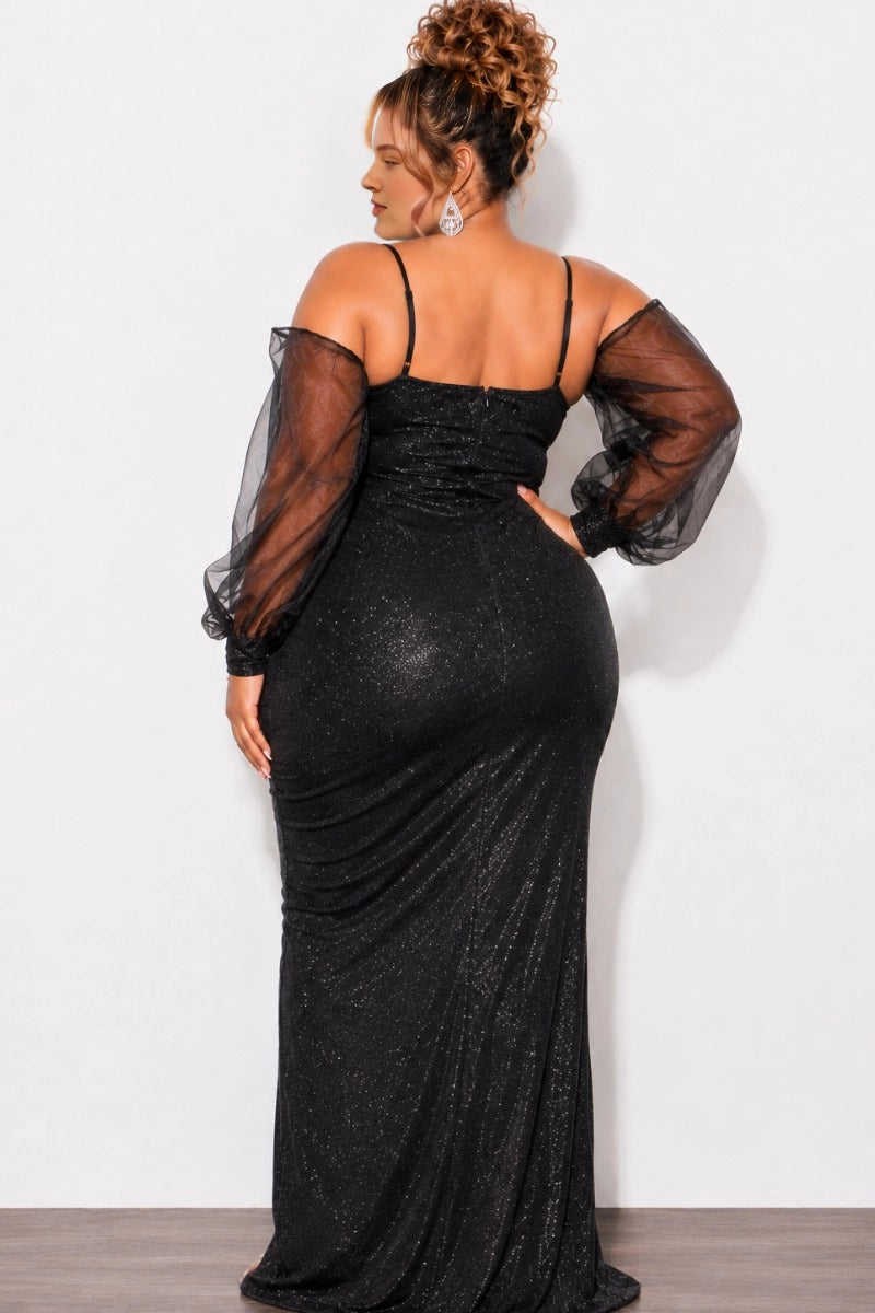 Black glitter plus size thin strap low back zipper mermaid long evening dress back view
