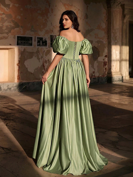 Roselledress plus size evening gown corset lace‑up back sage green satin ball gown rear view