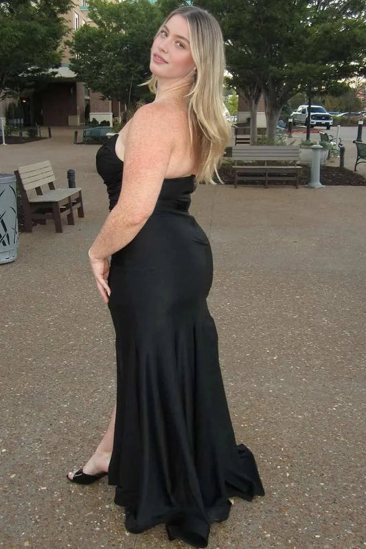 Roselledress black satin plus size evening dress strapless open back mermaid prom gown sweep train back view