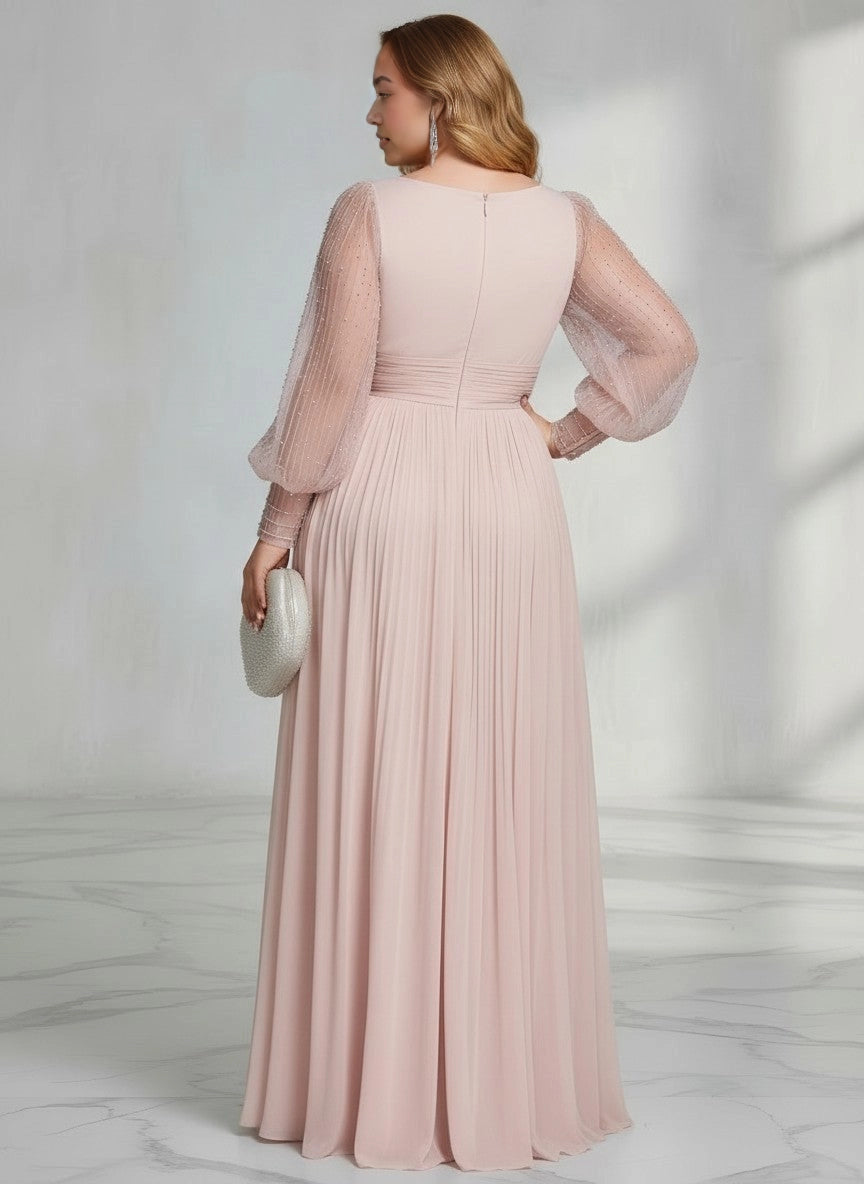 Roselledress blush chiffon formal maxi dress back view, round back zipper closure plus size wedding guest dress