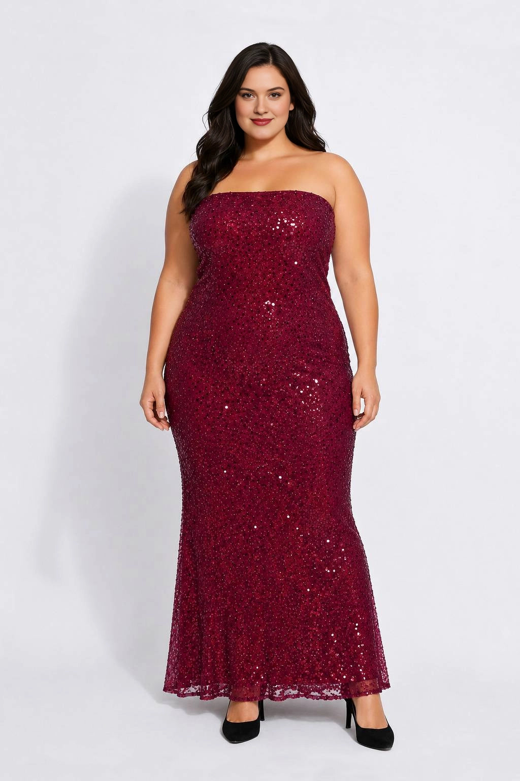 Burgundy Mermaid Keyhole-Neck Three-Quarter Sleeve Zip-Back Long Mother of the Bride Dress