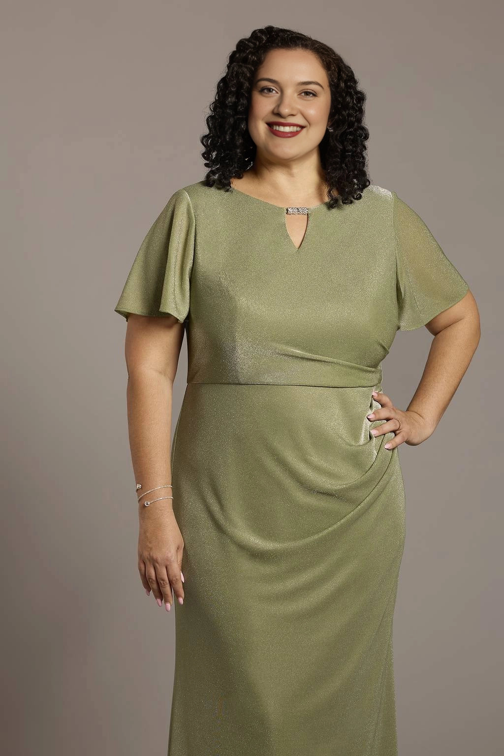 Plus Size Sheath Keyhole-Neck Flutter Sleeve V-Back Long Mother of the Bride Dress
