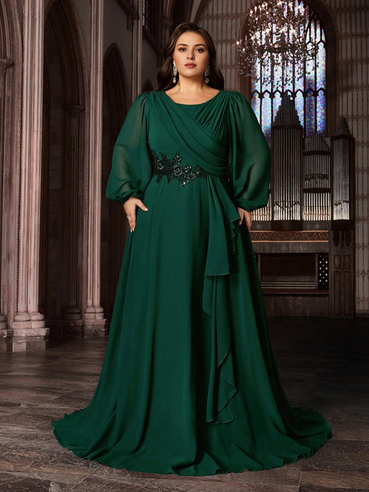 Roselledress plus size emerald green chiffon prom dress wrap round neck lace waist applique long sleeve floor length front view