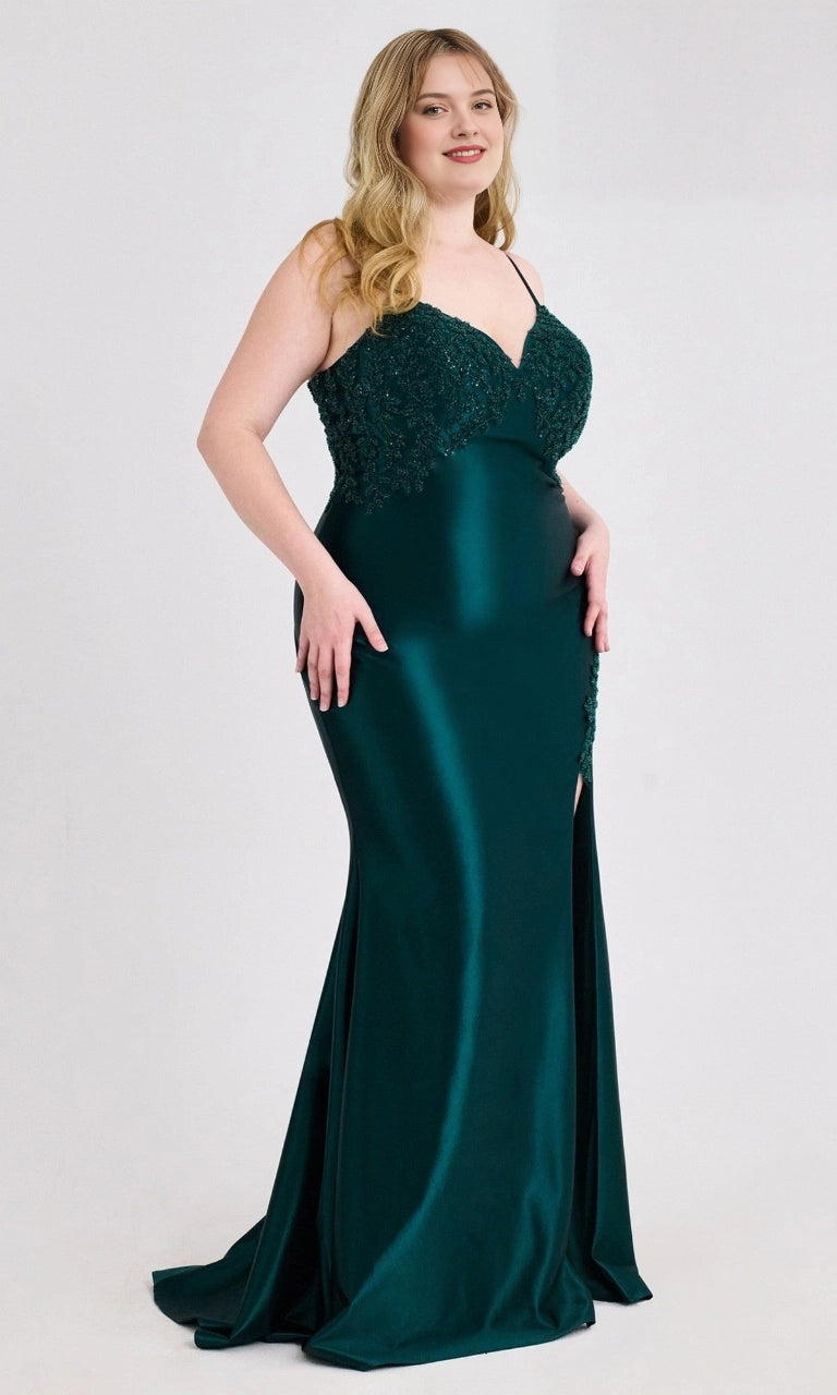 Elegant Plus Size Mermaid V-Neck Lace-Up Long Emerald Satin Evening Dress
