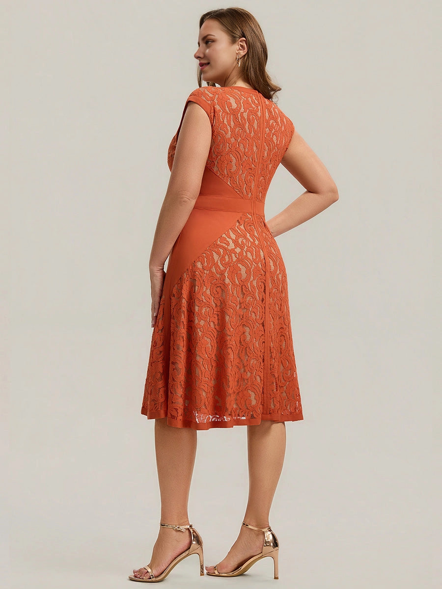 Chic A-Line V-Neck Cap Sleeve Zipper Back Knee-Length Plus Size Mother Of The Bride Dress