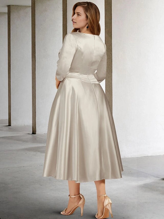Roselledress back view champagne midi formal dress,closed plain back satin 3/4 sleeve plus size wedding guest gown