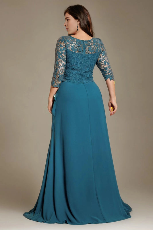 Back view Roselledress teal plus size mermaid gown lace bateau neck zip‑back floor length mother of bride dress