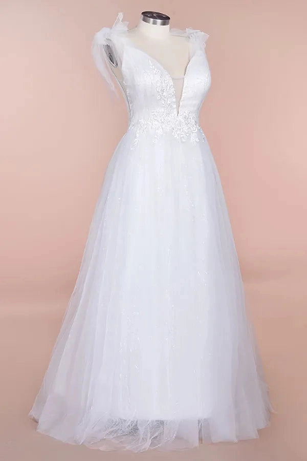 Dreamy A‑Line Deep V‑Neck Tulle Strap V‑Back Floor‑Length Plus Size Wedding Dress
