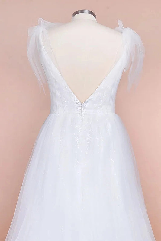 Roselledress v‑back plus‑size wedding dress sheer shimmer tulle hidden zipper back view