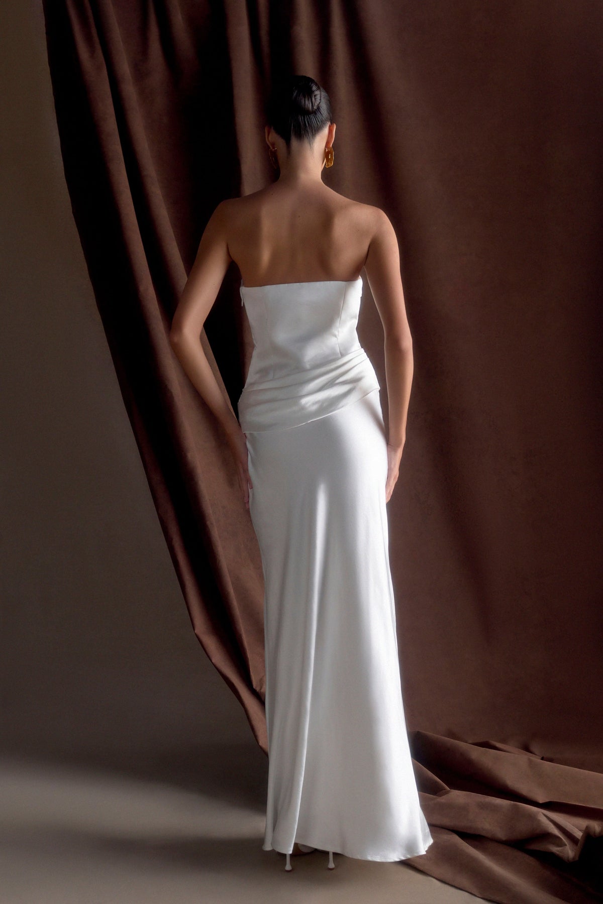 Roselledress Chocolate Brown Plus Size Strapless Draped Long Bridesmaid Dress