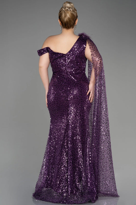 Back view of a roselledress plus size plum purple one sleeve sequin evening dress with zipper back and cape drape