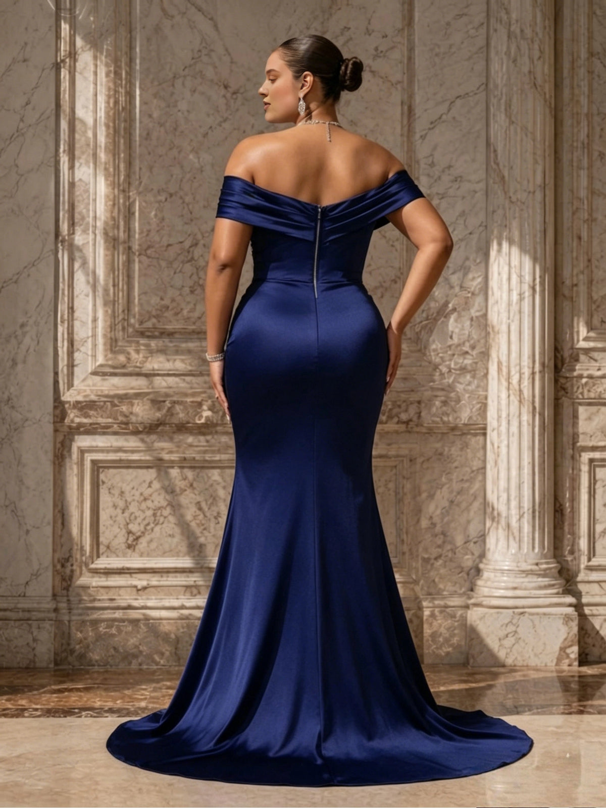 Plus size navy evening dress with off-the-shoulder neckline, center back zipper and mermaid skirt