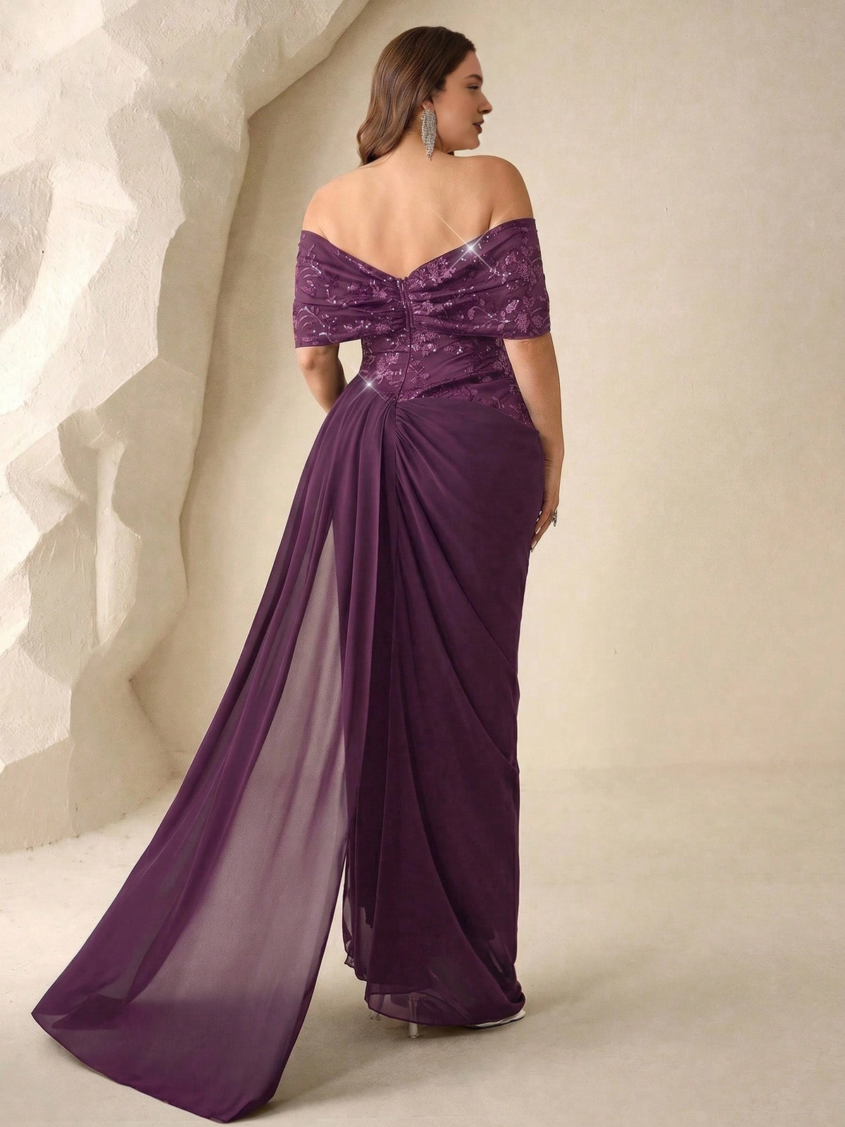 Elegant Plus Size Sheath Off-the-Shoulder Zip Back Long Chiffon Evening Dress