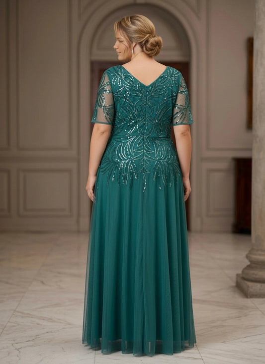 Roselledress green tulle sequin formal dress back view, v-back zipper plus size floor length wedding guest gown