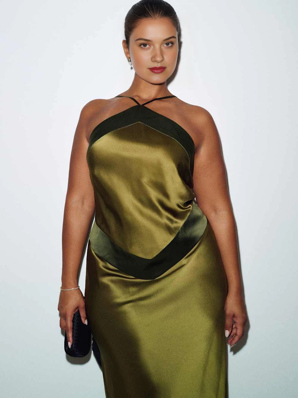 Olive Satin Halter Color‑Block Backless Mermaid Plus Size Wedding Guest Dress