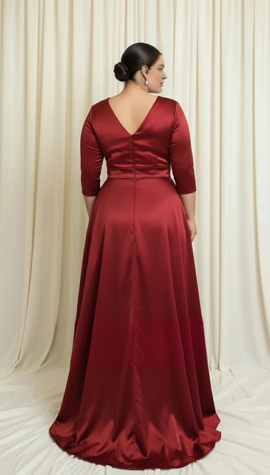 Back view of burgundy satin V-back long wedding guest dress with button detail by roselledress