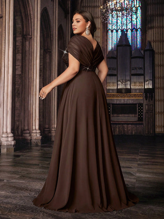 roselledress plus size brown evening dress twist v‑back cape sleeve beaded waist long mother prom gown