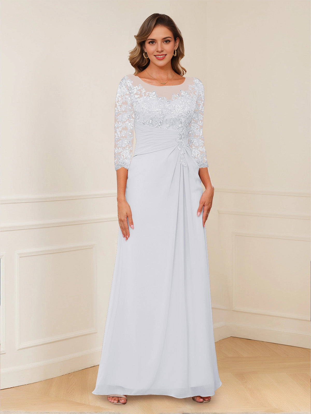 Ruched A-Line Bateau-Neck 3/4-Sleeve Keyhole-Back Floor-Length plus size Mother Of Bride Dress