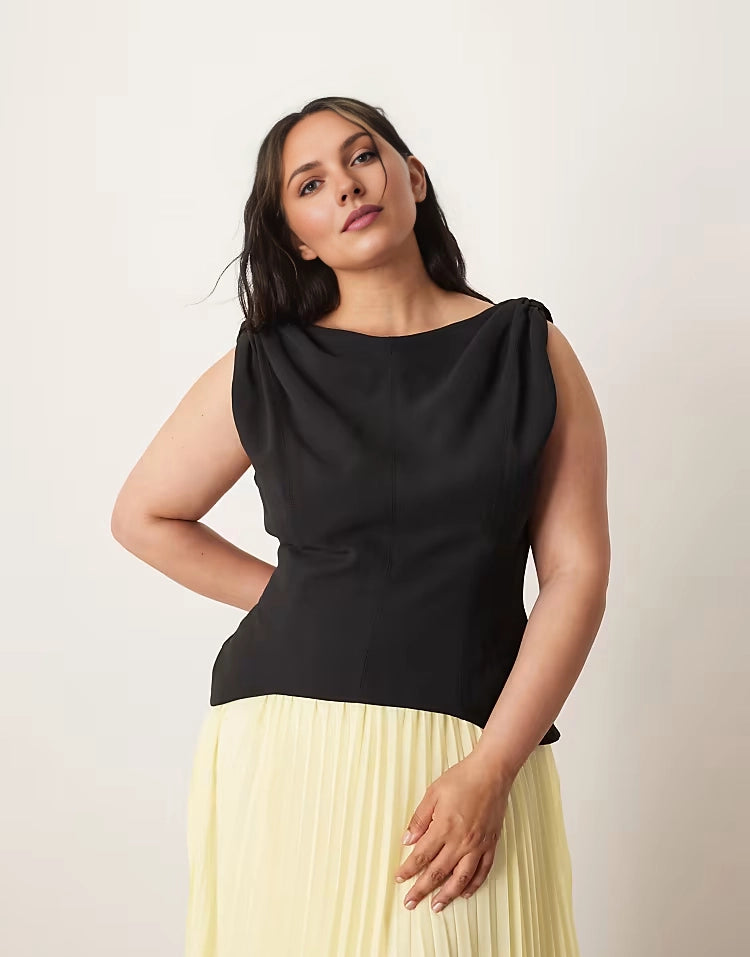 Colour‑Block Draped Boat‑Neck Sleeveless Pleated Chiffon Maxi Plus Size Wedding Guest Dress