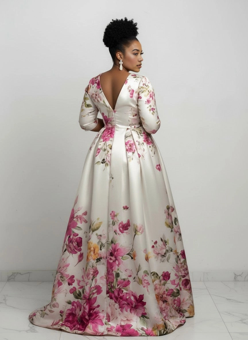 Roselledress printed satin maxi dress back view, deep v back zipper closure plus size mother of bride gown